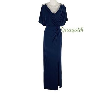 Alex Evenings Navy Blue Crystal Open Sleeve Blouson Maxi Gown Dress 6